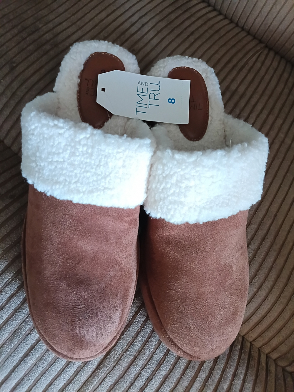 Time and Tru Brown Suede-Look Mule Slippers with White Sherpa Cuff